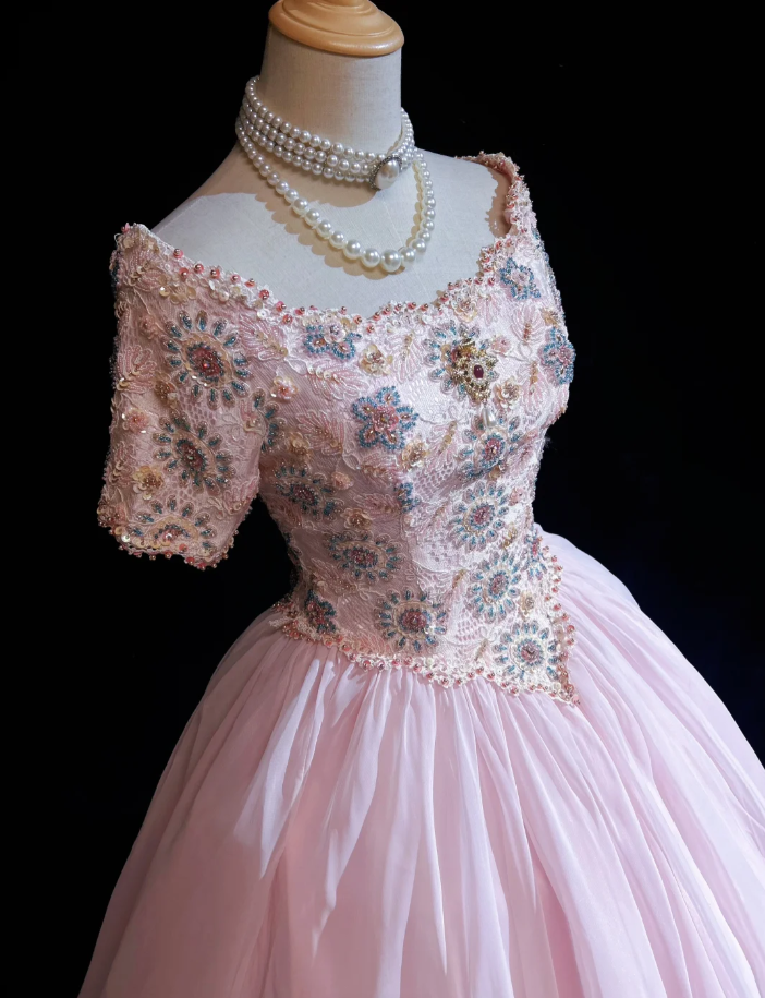 Charming Pink Tulle Lace Beaded Ball Gonn Long Birthady Evening Dress