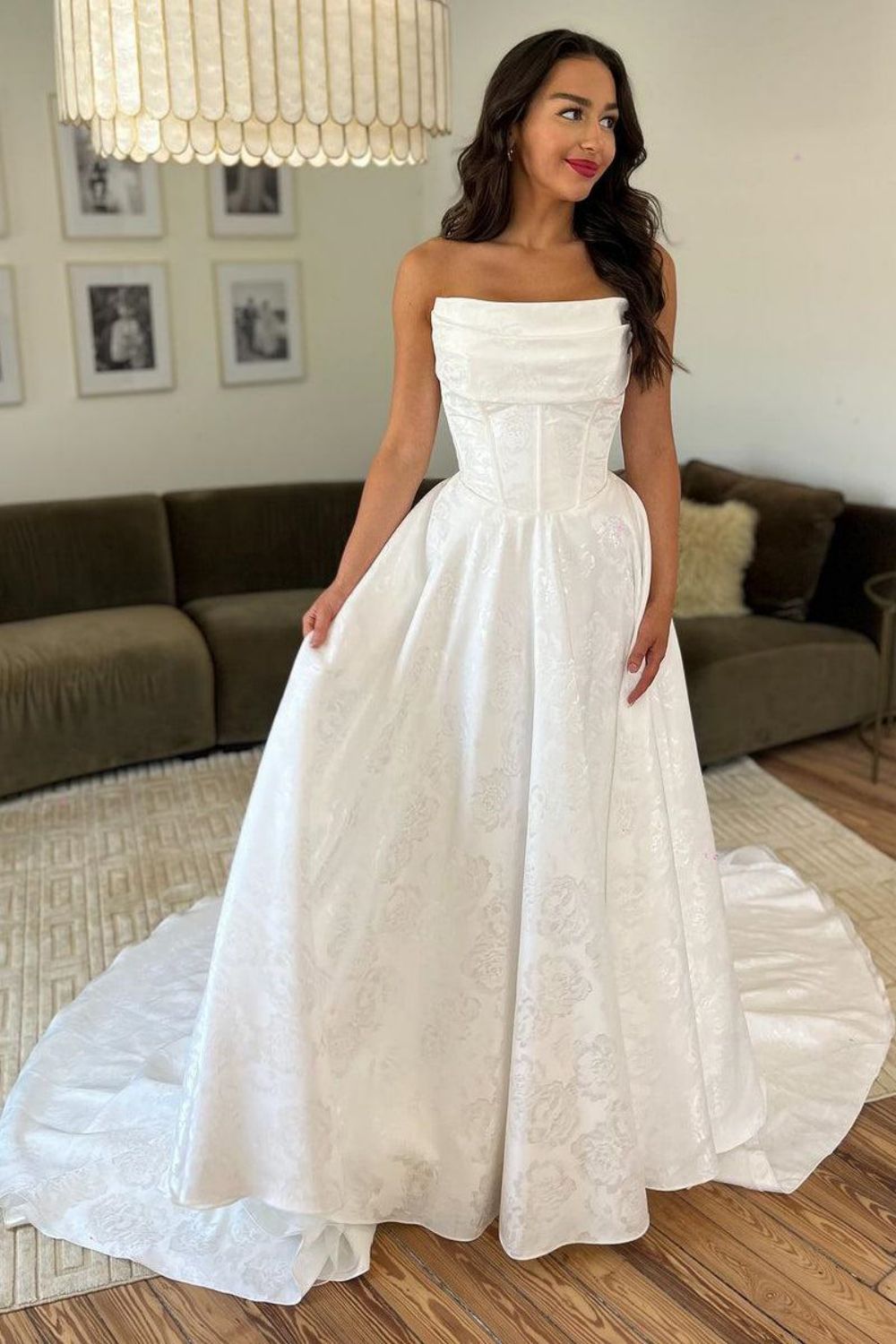 Charming A Line Strapless Corset Wedding Dress with Sweep Train