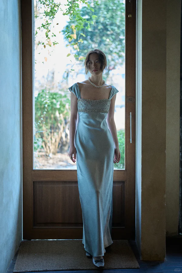 Elegant Blue A Line Straps Beaded Satin Long Prom Dress Evening Dress