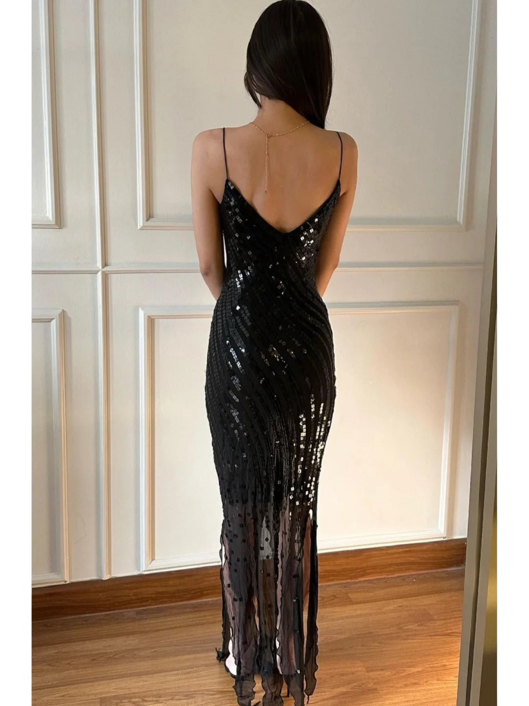 Retro Black Mermaid Deep V Halter Sequined Long Prom Dress Evening Dress