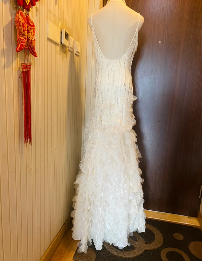 Dreamy White Mermaid Beaded 3D Petal Sequin Long Prom Dress Evening Dress