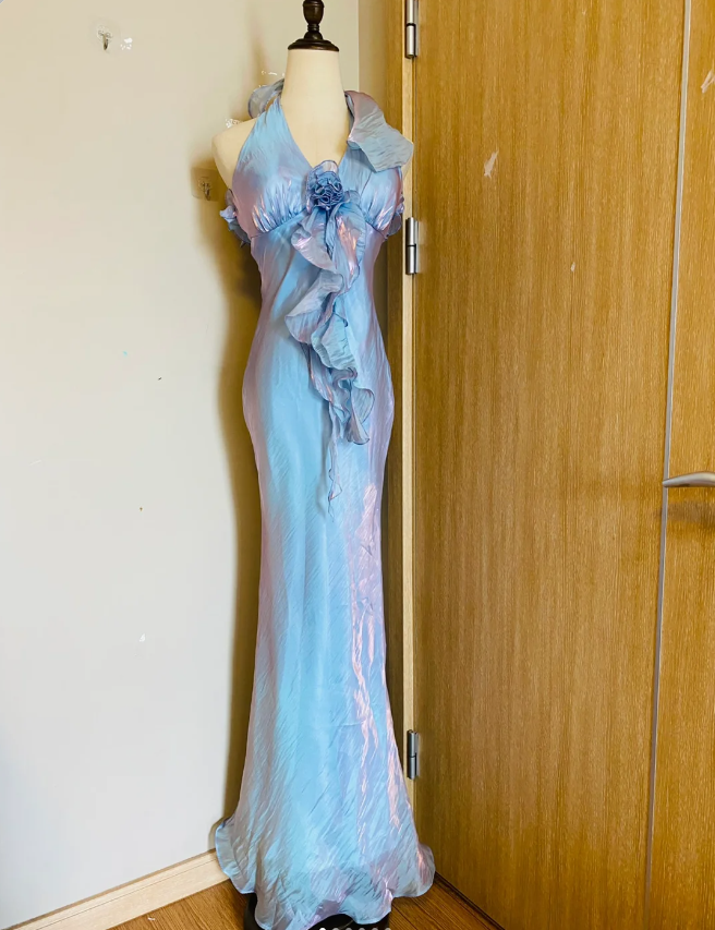 Dreamy Mermaid 3D Floral Ruffle Halter Neck Satin Long Prom Dress Evening Dress