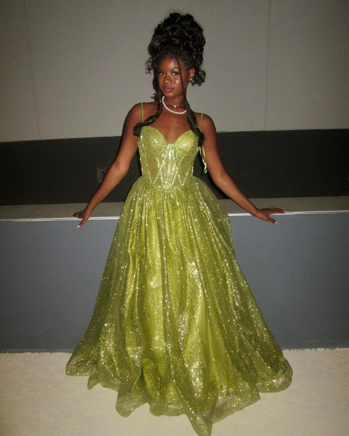 Sparkly Spaghetti Straps Green Tulle Sequin Long Party Dress Birthday Outfits