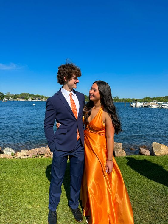 Orange A-line V Neck Prom Dress,Orange Bridesmaid Dress