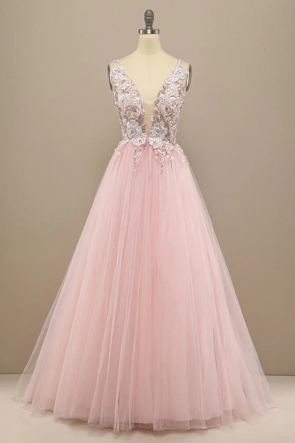 Pink Floral Embroidery V Neck Long Prom Dress