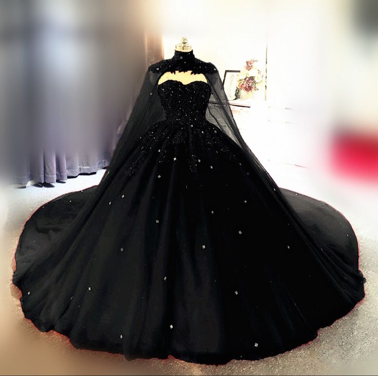 Ball Gown Black Tulle Long Sweet 16 Dresses