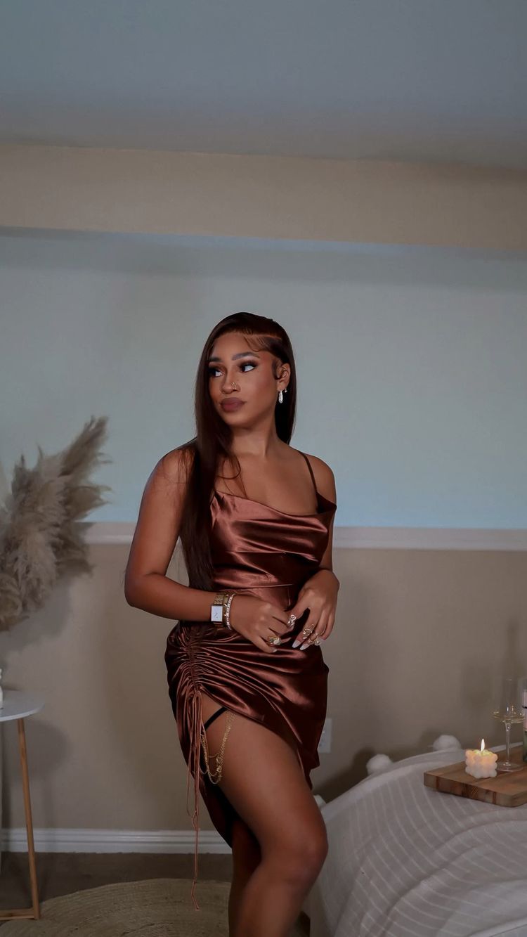Brown Silk Satin Short Birthday Party Dress