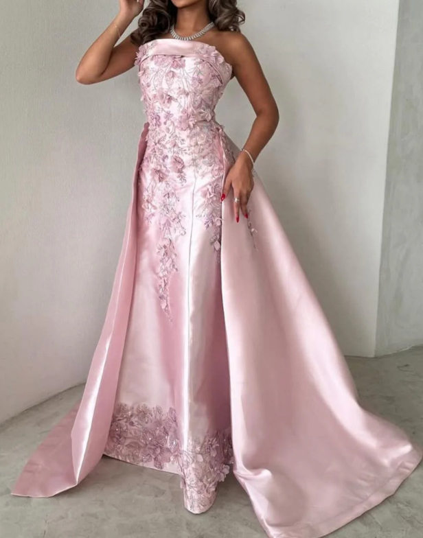 Pretty Pink Strapless Satin Appliques Beaded Formal Prom Dress,Long A Line Party Evening Gown