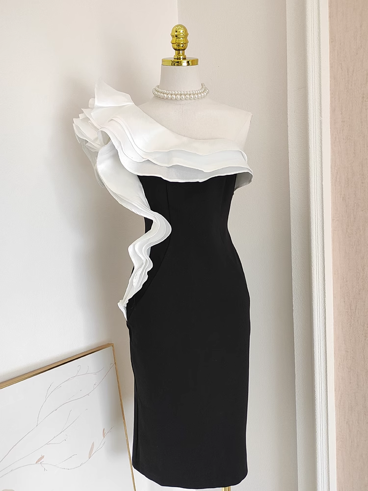 Sexy Sheath One Shoulder Satin Dinner Party Dresses Black Birthday Outfits