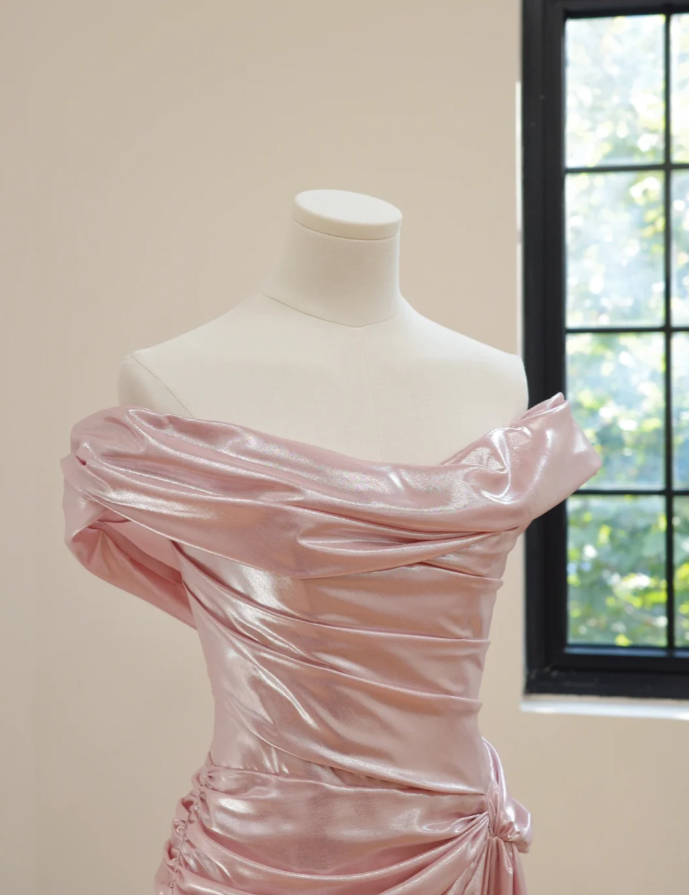 Fairy Pink Off The Shoulder Satin Pleated Slit Mermaid Party Dress Long Wedding Guest Dress