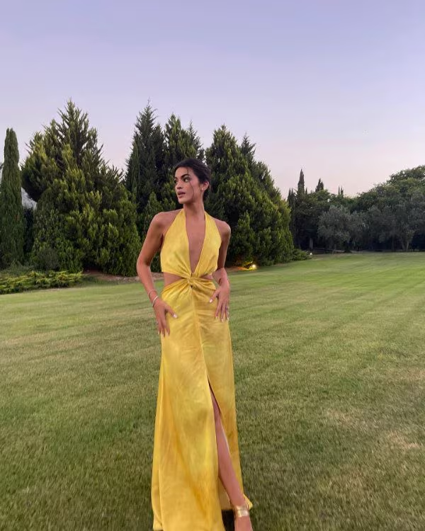 Pretty A line Halter Neckline Long Yellow Prom Dress Evening Dress Formal Dress