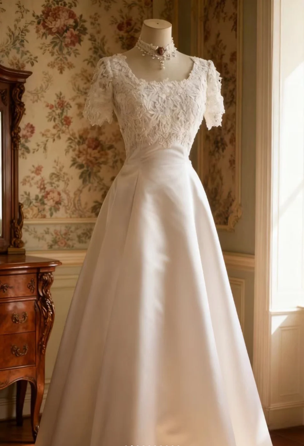 Classy Lace Appliques Satin A Line White Long Wedding Dress Bridal Dress