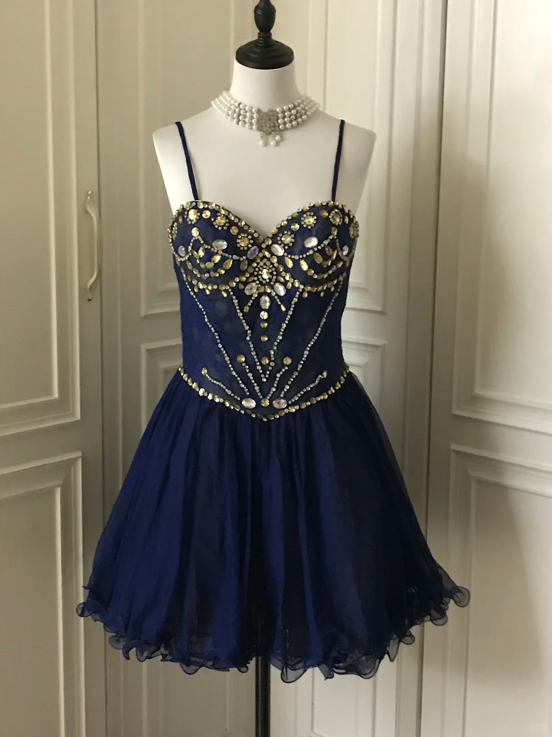 Vintage Navy Blue Lace Beaded A Line Homecoming Dress Short Party Dress