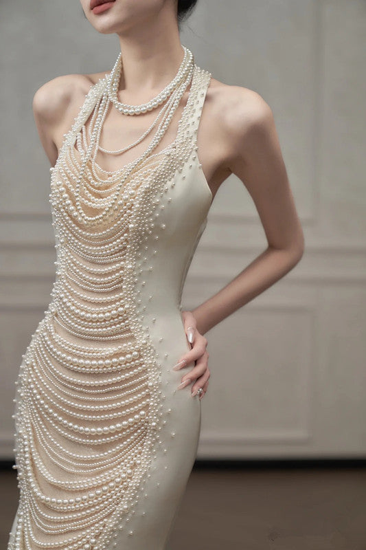 Fairytale Mermaid Halter Sleeveless Wedding Dresses Glittering Straps Pearls Wedding Dress