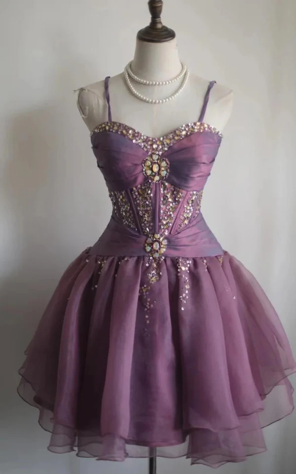 Vintage Purple Spaghetti Straps Purple Tulle Rhinestones Short Homecoming Dress A Line Cocktail Dress
