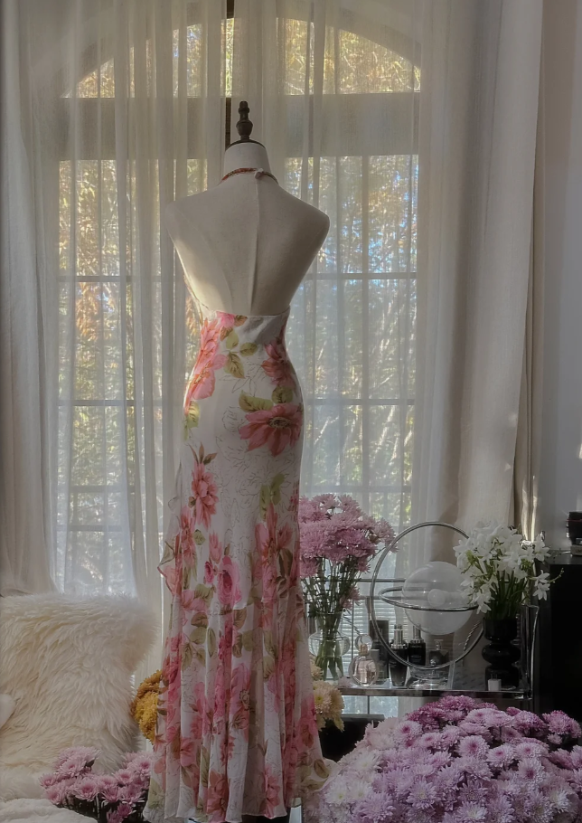 Pretty Halter V Neck Chiffon Print Floral Beaded Mermaid Long Party Dress Formal Wedding Guest Dress