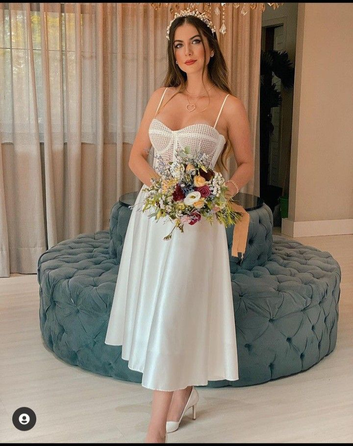A-line White Midi-length Wedding Dress,White Engagement Dress