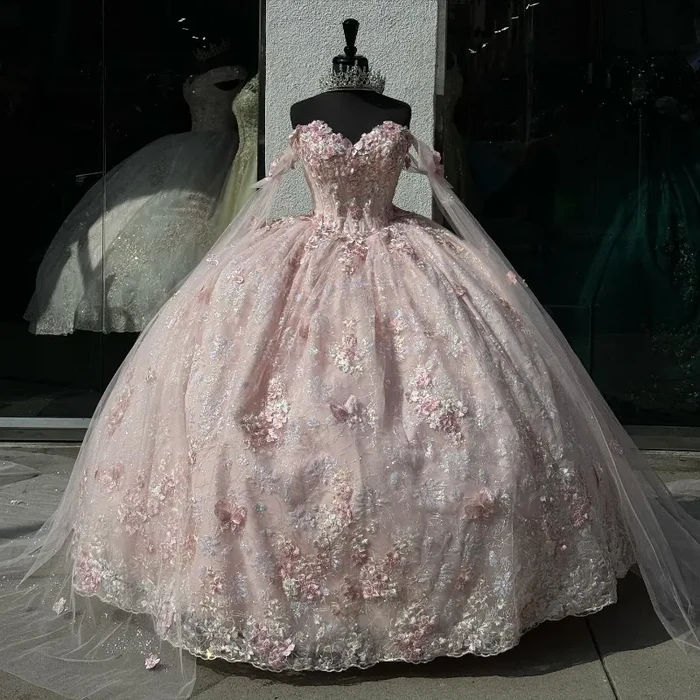 Pretty Pink Off The Shoulder Tulle Lace Appliques Quinceanera Dress Sweet 16 Dress With Bow