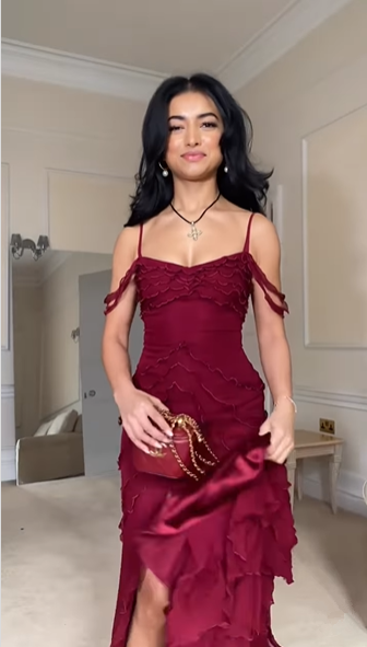 Burgundy Off Shoulder Straps Multi-layered Ruffles Long Prom Dress Chiffon Evening Dress