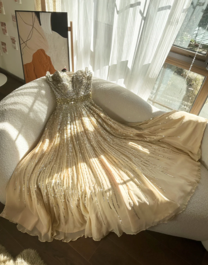 Sparkly Champagne Strapless Chiffon Sequin Beaded Mermaid Evening Dress Long Birthday Party Dress