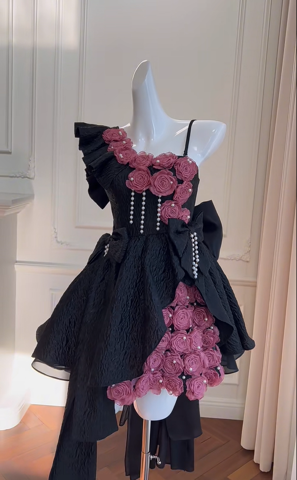 Uniques Rose Flowers Black Off The Shoulder Homecoming Dress A Line Birthday Dress