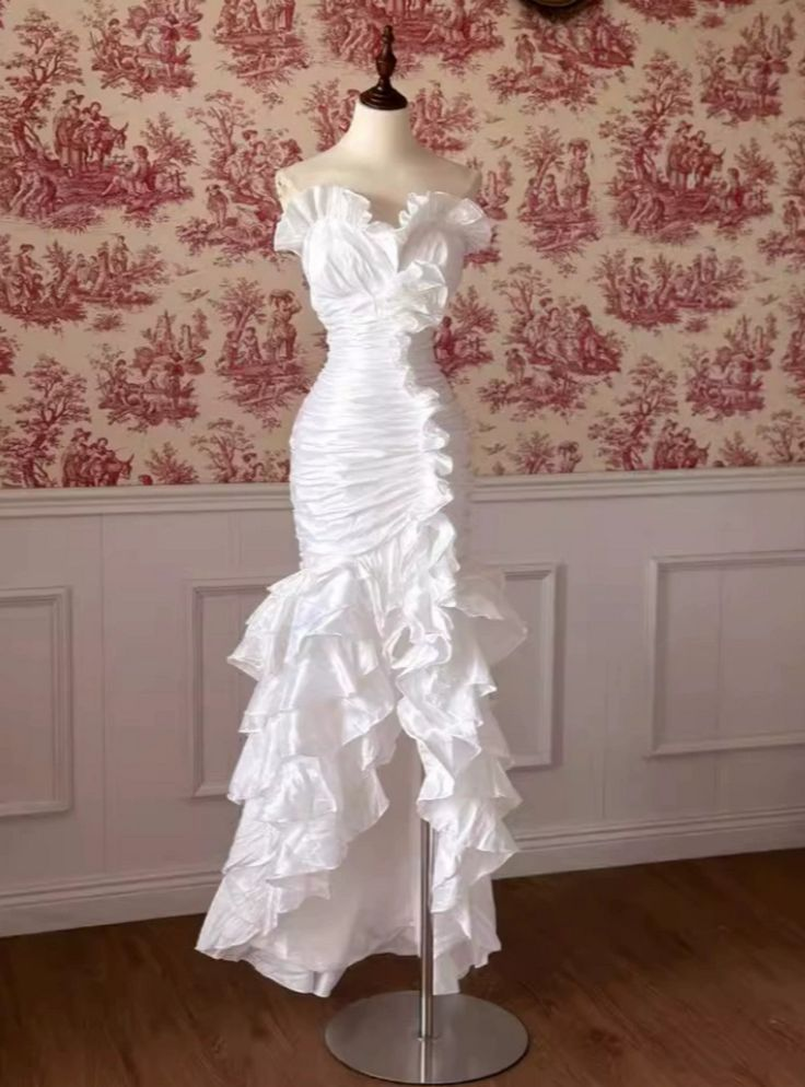 Classy White Mermaid Satin Pleated Strapless Hi Low Pleats Wedding Dress