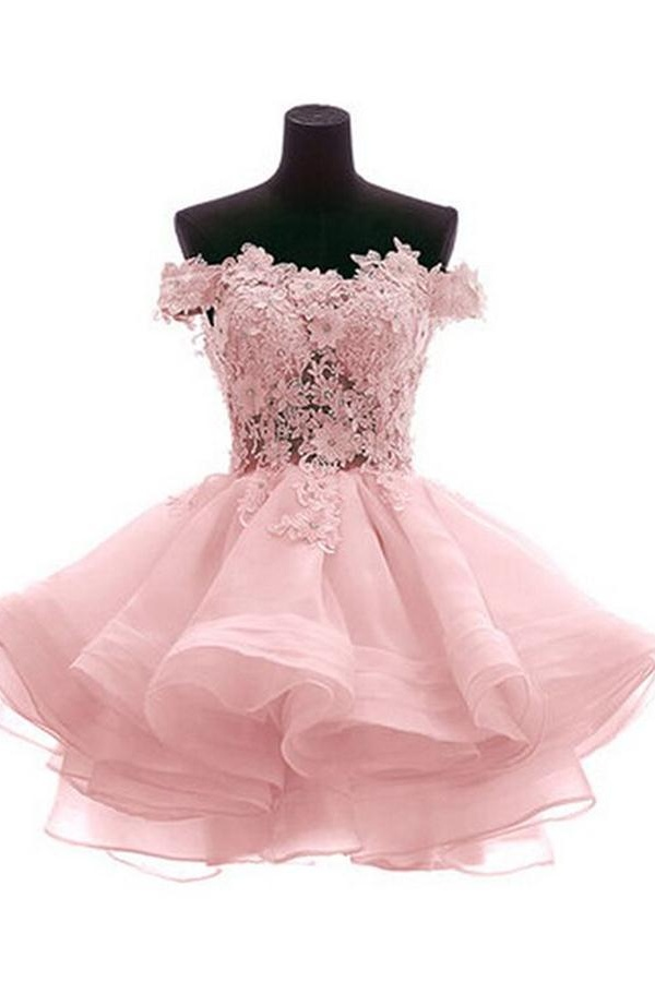 White sweetheart lace applique short cute white homecoming dress Off Shoulder Organza Short Lace Applique Teen Formal Dress