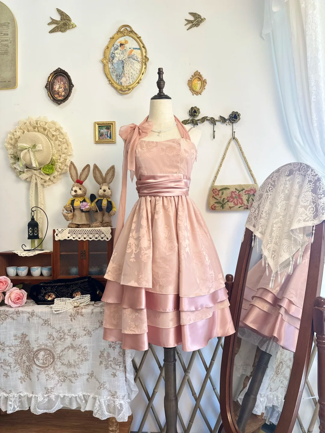 Classy Pink Halter Satin Print Floral Layered A Line Short Graduation Homecoming Dress Birthday Outfits