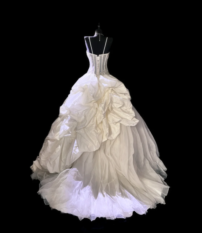 Pretty Spaghetti Straps Tulle Satin Pleated Beaded White Formal Wedding Dress Bridal Dress