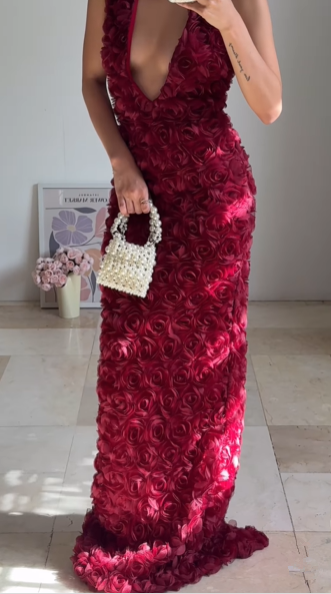 Gorgeous Deep V Burgundy Rose Flowers Long Party Evening Dress,Sheath Prom Dress