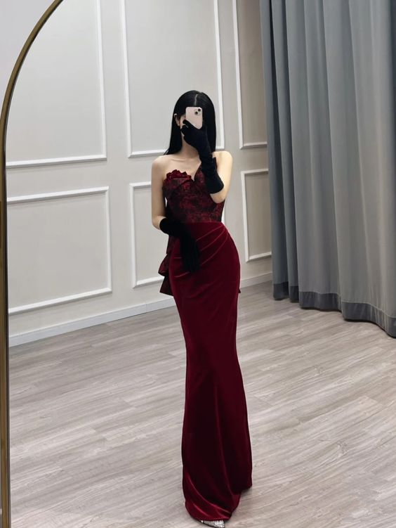 Sexy Mermaid Sweetheart Velvet Burgundy Long Prom Dress