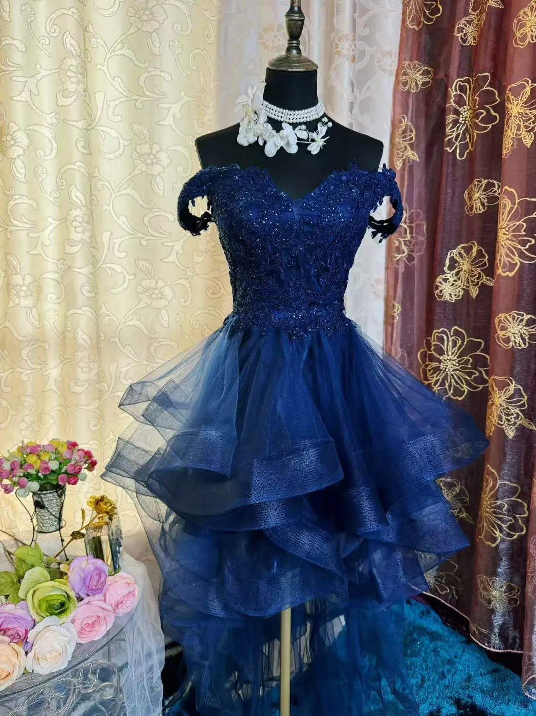 Vintage Navy Blue Tulle Appliques A Line Short Homecoming Dress Off The Shoulder 19th Birthday Outfits