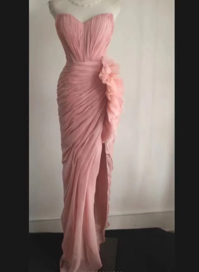 Pretty Pink Strapless Chiffon Pleated Slit Long Party Dress Evening Dress