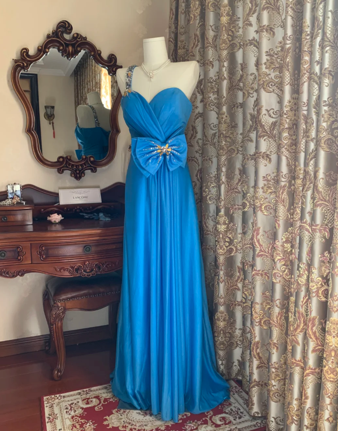 Vintage One Shoulder Blue Satin Beaded Long Wedding Guest Dress Birthday Party Dress With Bow
