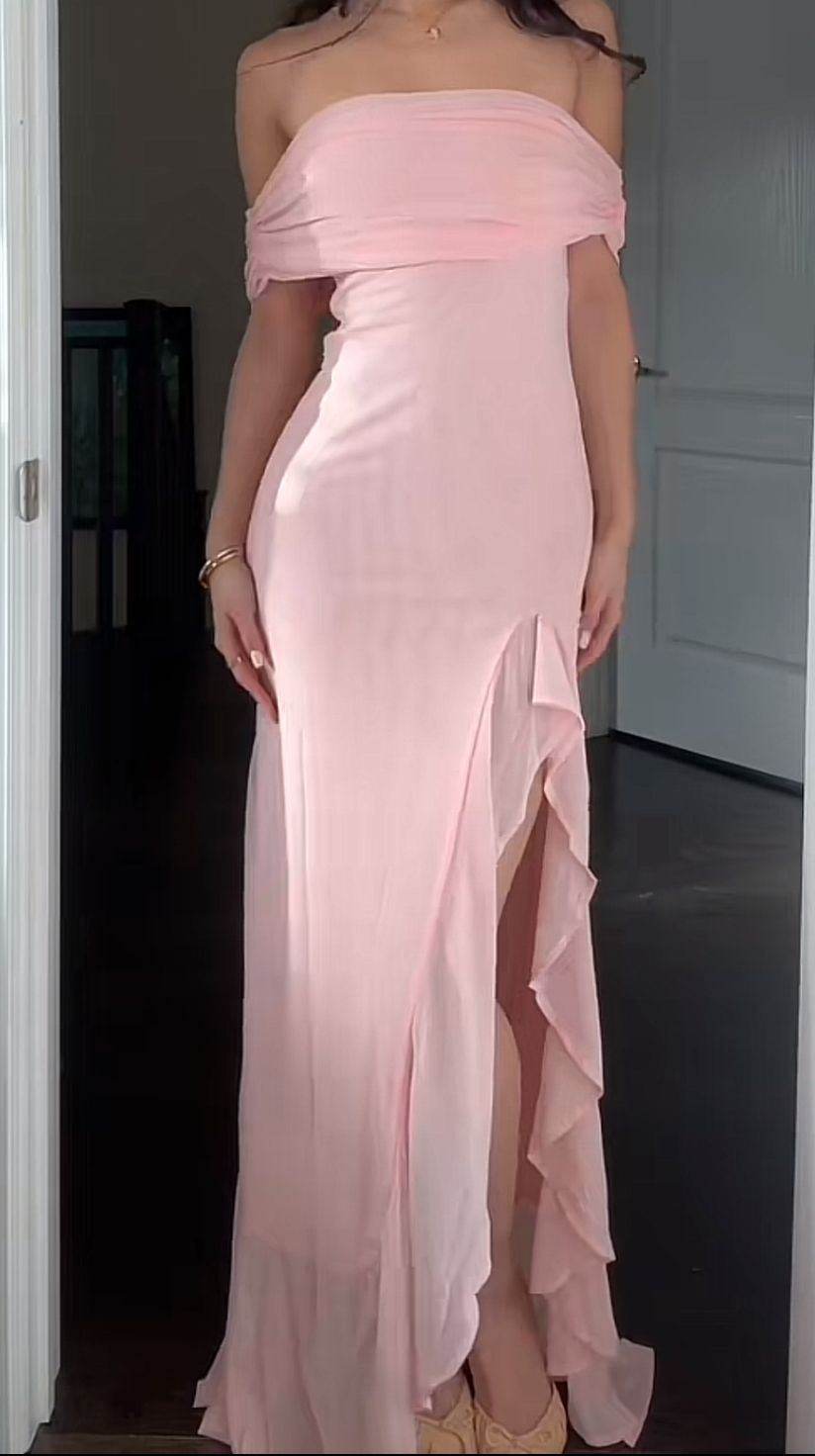 Pretty Strapless Pink Chiffon Ruffles Slit Evening Dress Long Wedding Guest Dress