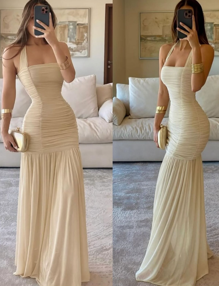 Sexy Halter Apricot Chiffon Pleated Mermaid Party Dress Long Wedding Guest Dress