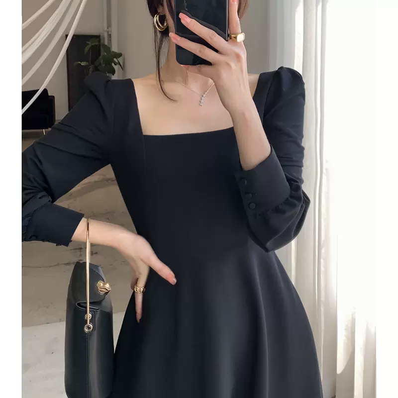 Gentle style Hepburn square neck little black dress Simple Prom Dress Party Dress With Long Sleeves