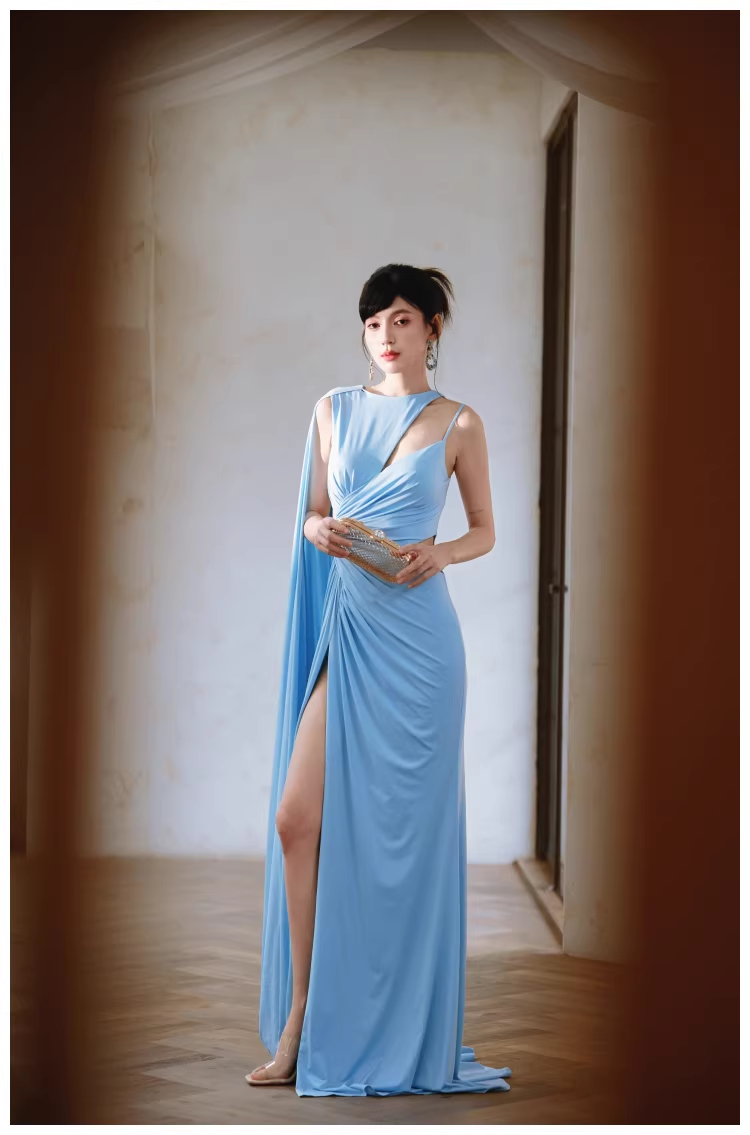 Sexy Blue Satin Slit Mermaid Long Prom Dress Evening Dresses