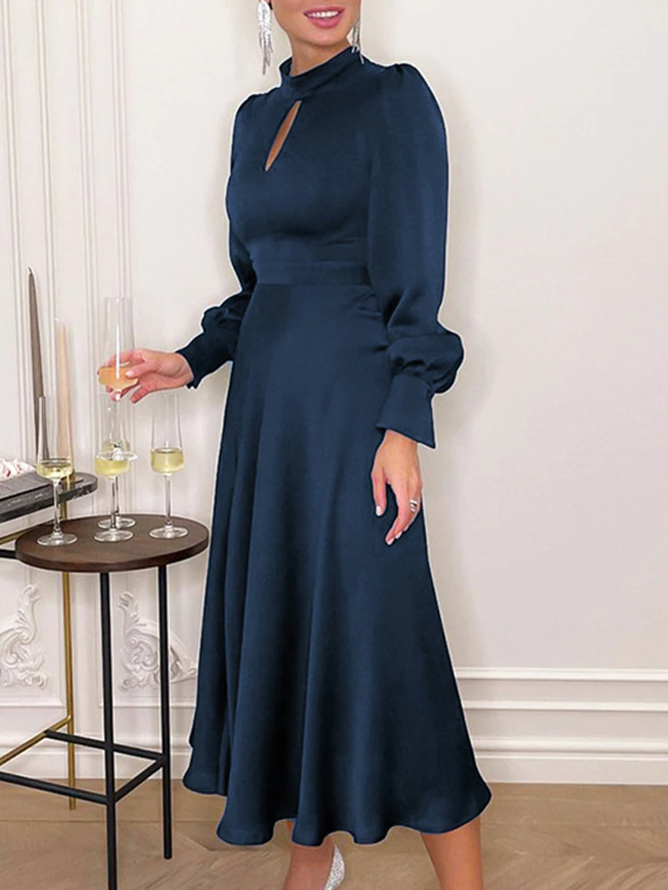 Elegant Simeple Prom Dress With Long Sleeves Split Evening Dress Women's Plain Puff Sleeve O-Neck Long Dress