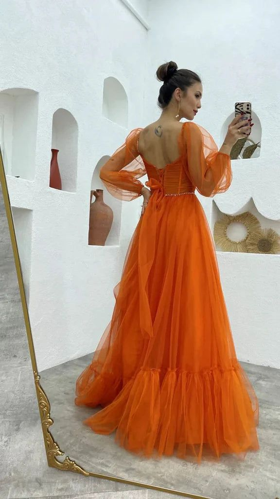 A Line Tulle Orange Long Sleeves Long Prom Dress Long Evening Dress