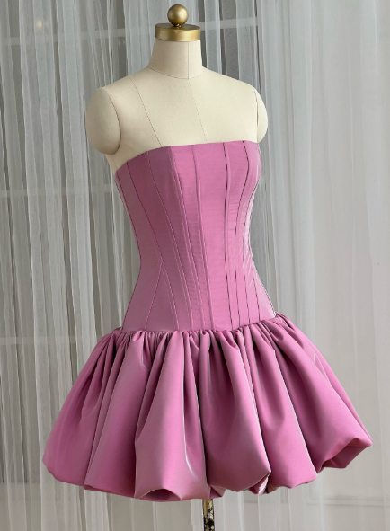 Elegant Rose Pink Strapless Satin Pleated A Line Short Party Dress Formal Homecoming Dress