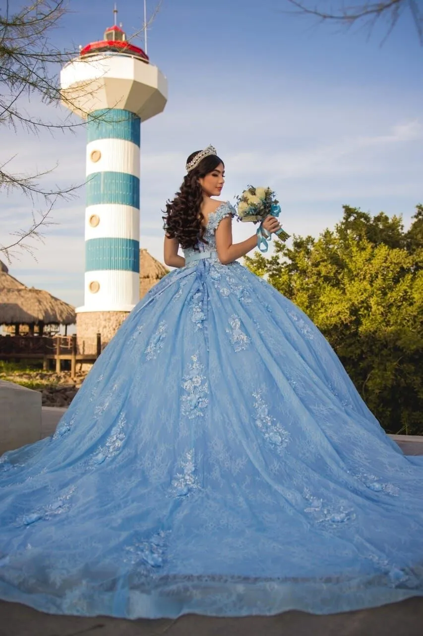 Off the shoulder blue ball gown gliter sweet 16 dress birthday dress