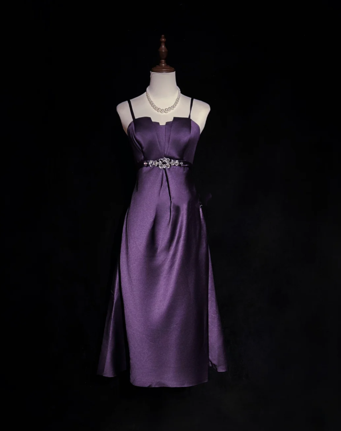 Fashion Spaghetti Straps Purple Satin Beaded A Line Short Birthday Outfits Homecoming Dress