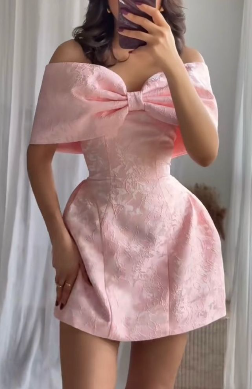 Cute Bow Off The Shoulder Pink Satin Print Floral A Line Formal Homecoming Dress Birthday Outfits