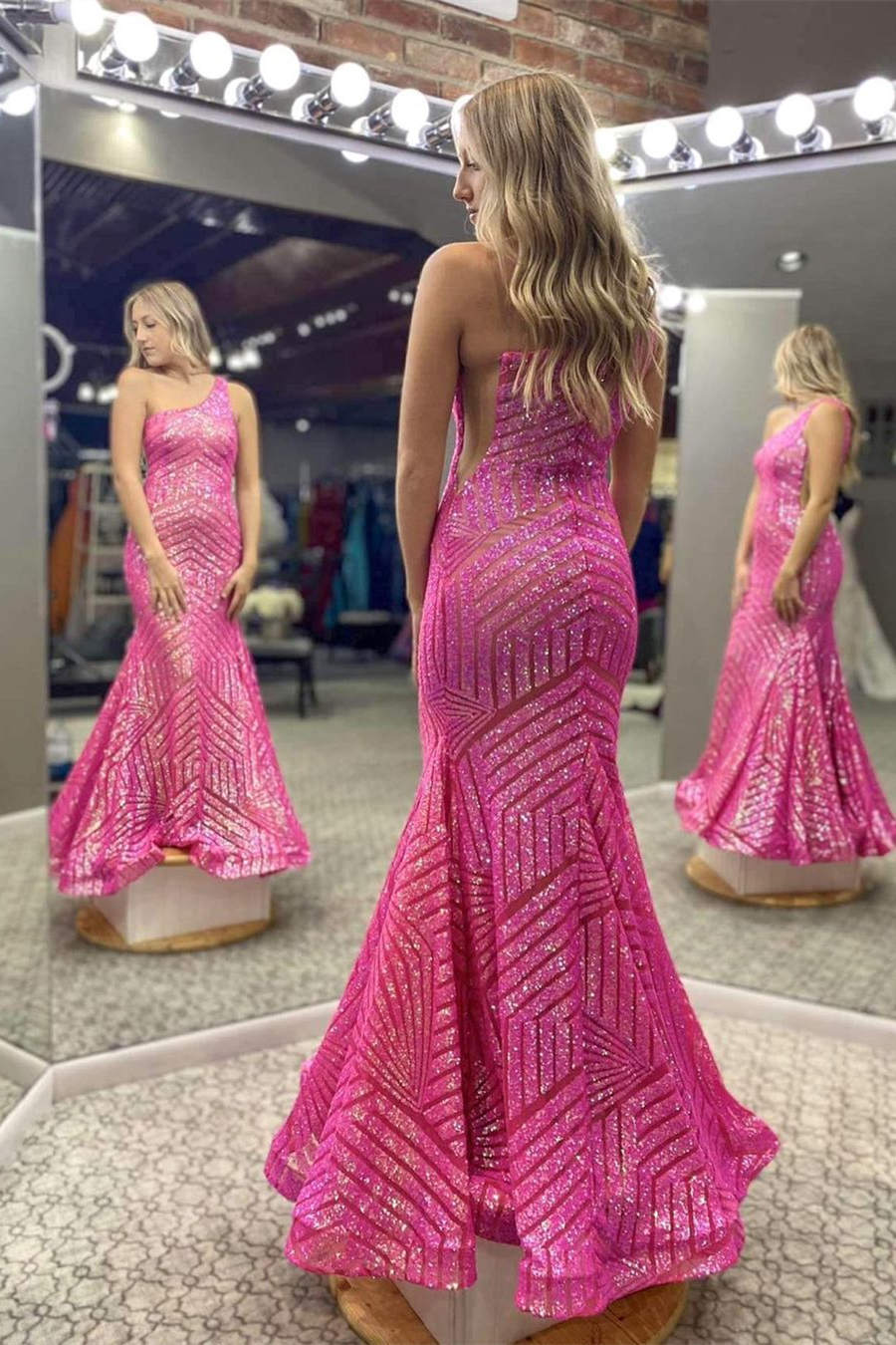 Mermaid One Shoulder Hot Pink Long Prom Dress