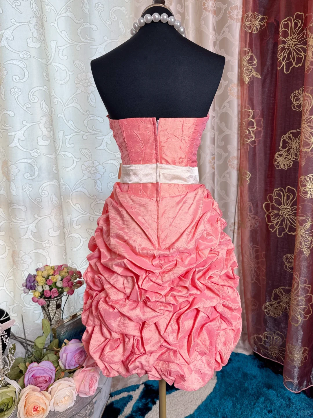 Classy Peach Pink Strapless Satin Pleated Sheath Short Prom Dress Homecoming Dress