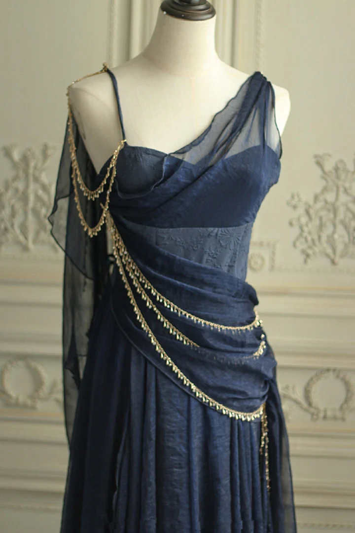 Unique Navy Blue Chiffon Party Dress,A Line Evening Dress