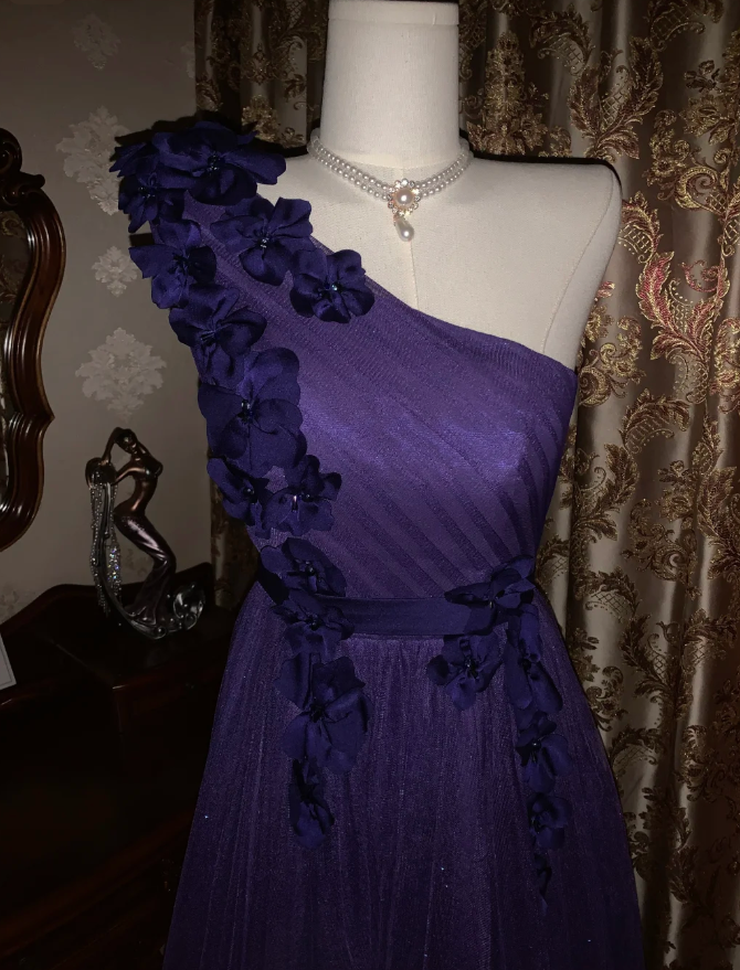 Elegant Purple One Shoulder Tulle Appliques A Line Wedding Guest Dress Long Party Dress