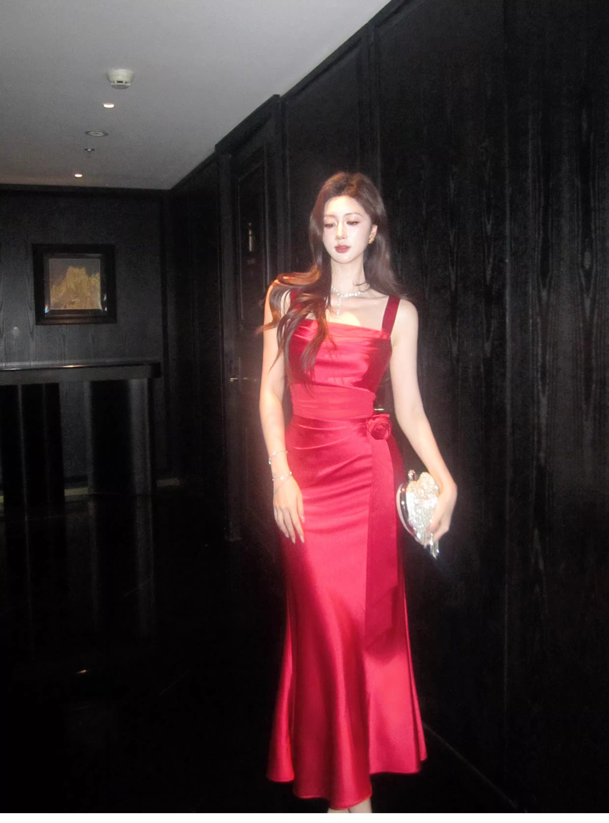 Pretty Red Spaghetti Straps Satin Pleated Mermaid Long Wedding Guest Dress Formal Evening Dress