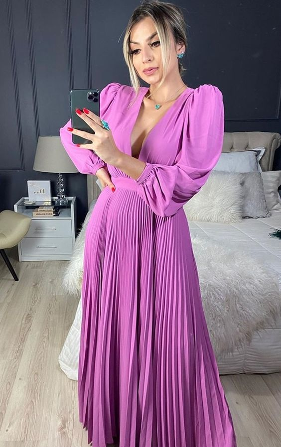 Sexy A-line Deep V Neck Long Sleeves Prom Dress
